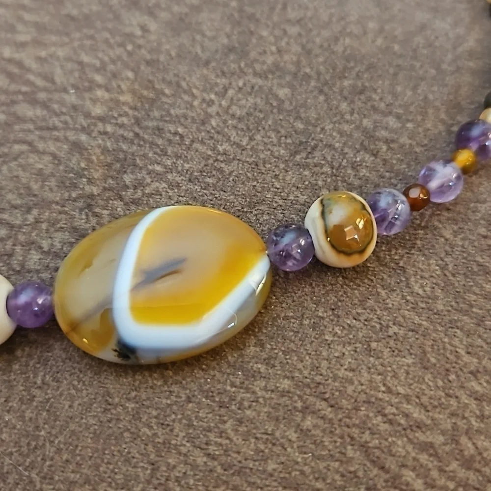Handmade Amethyst Amber Ceramic and Agate Focal Beaded Collar Necklace